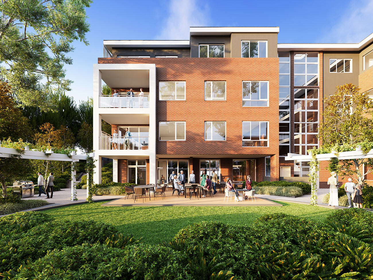 Streetscape 3D Renders of modern apartment courtyard with outdoor seating landscaped garden balconies and residential building facade