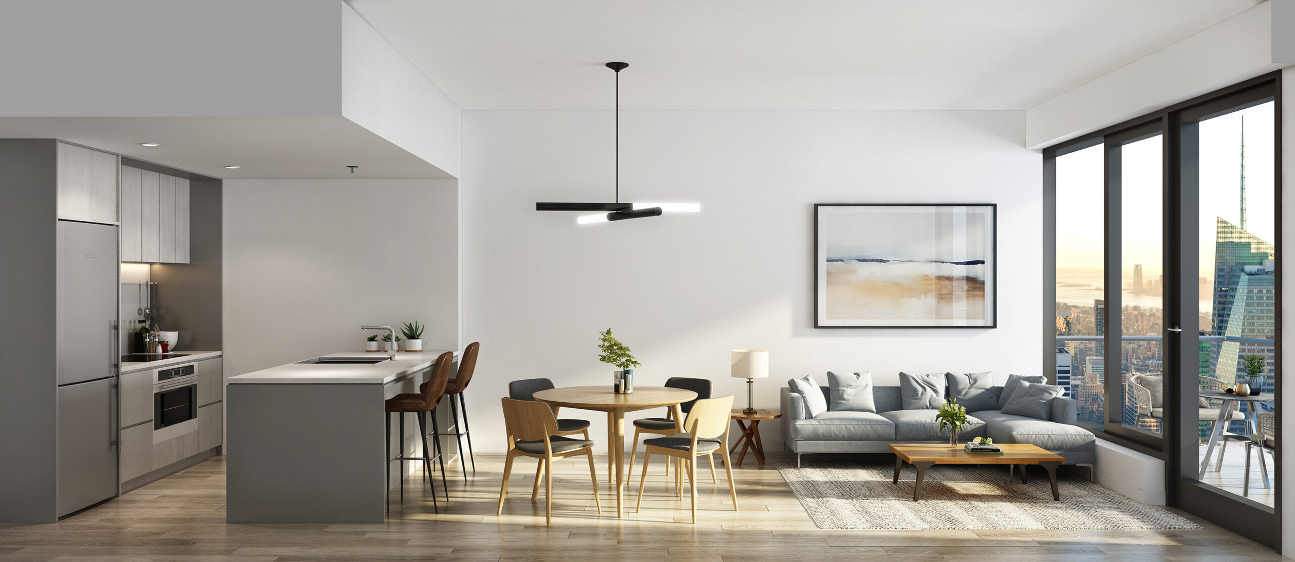 Modern apartment living, dining and kitchen space with city skyline views and large windows