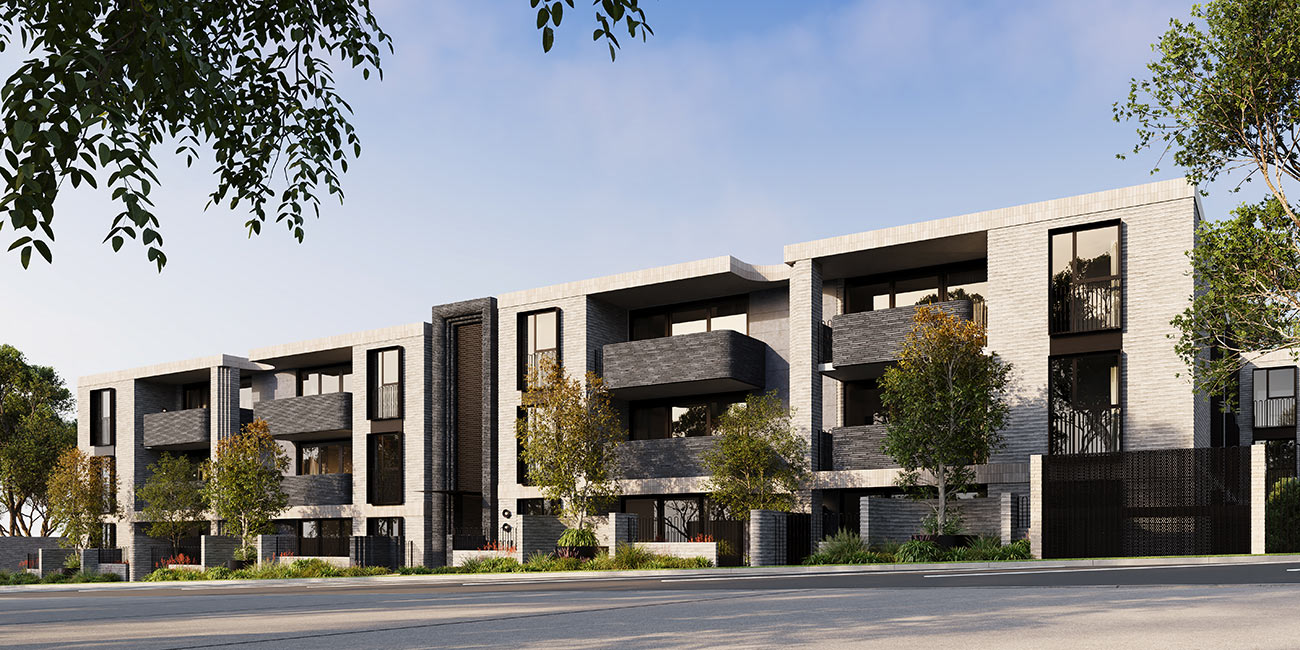 Modern apartment building streetscape view with landscaping and parking 3D render