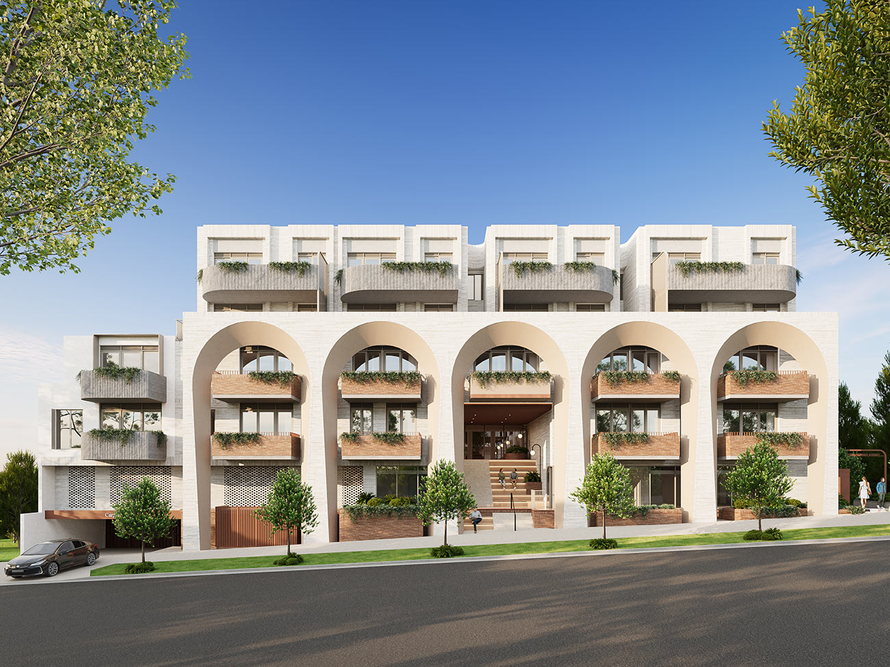 Modern apartment building with arched facade and balconies architectural 3D render