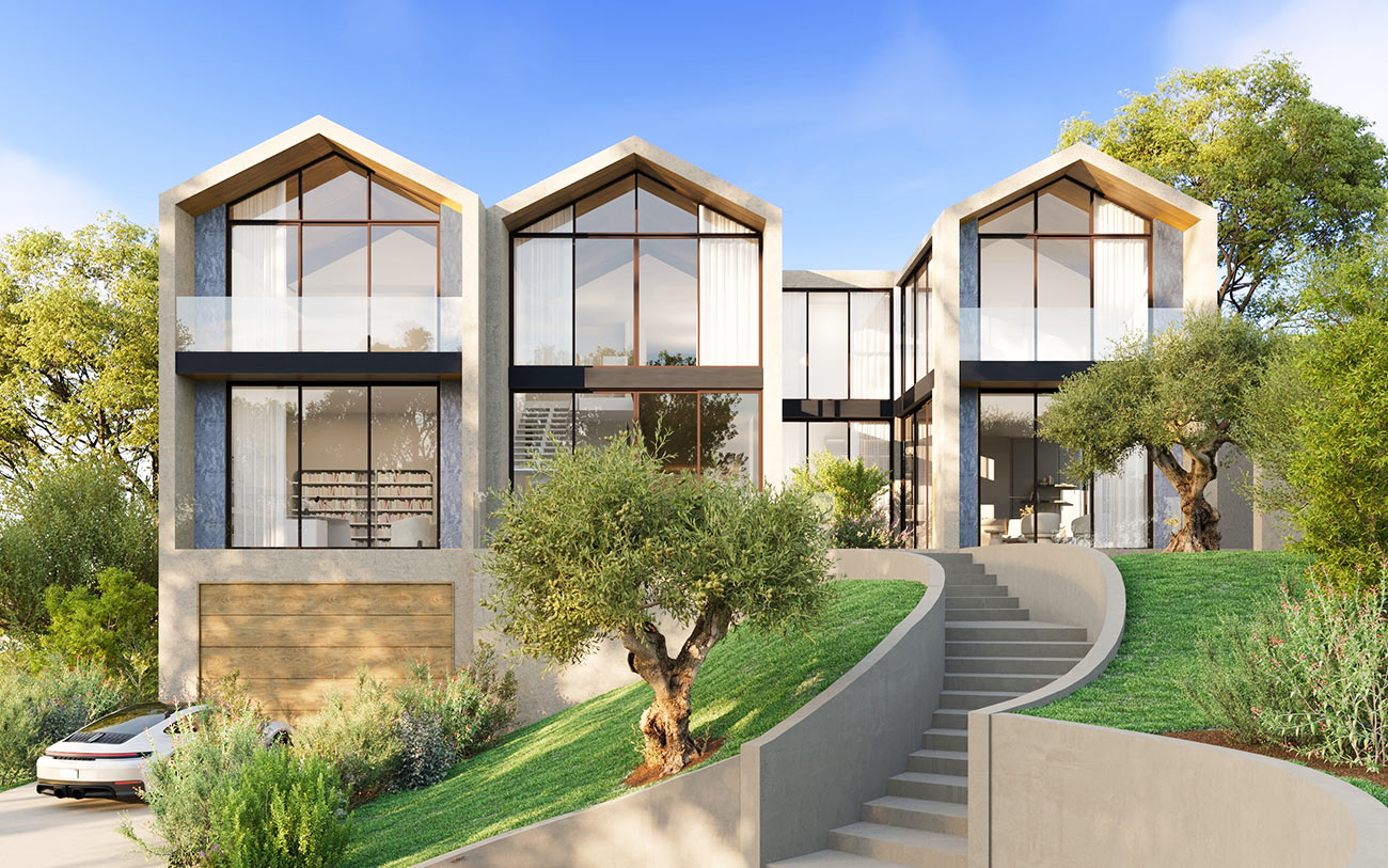 Architectural hillside home with curved steps, glass facade and landscaped terrain