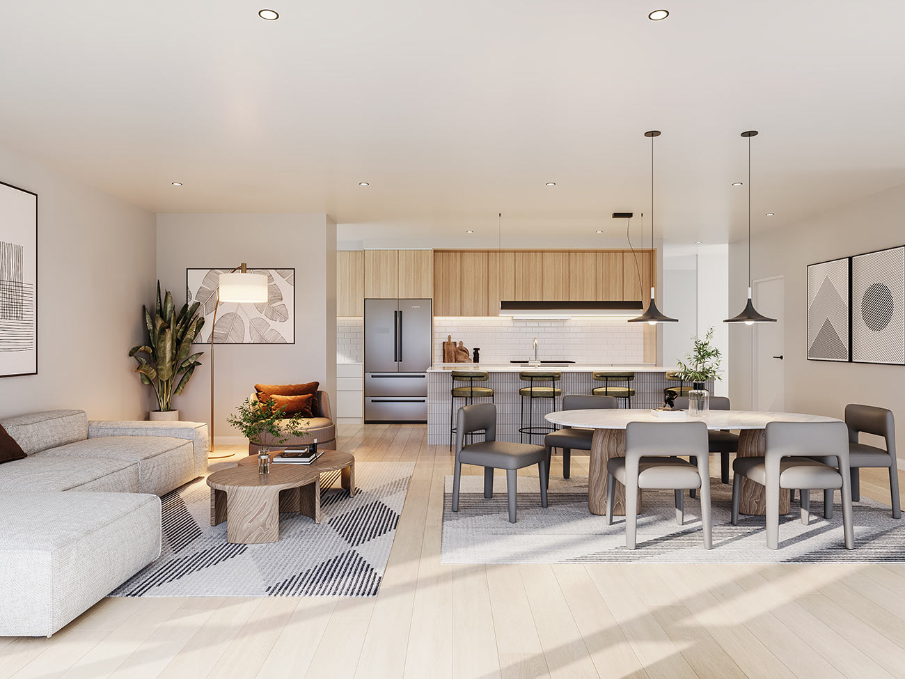 Bright living room with large windows, neutral palette and modern furniture