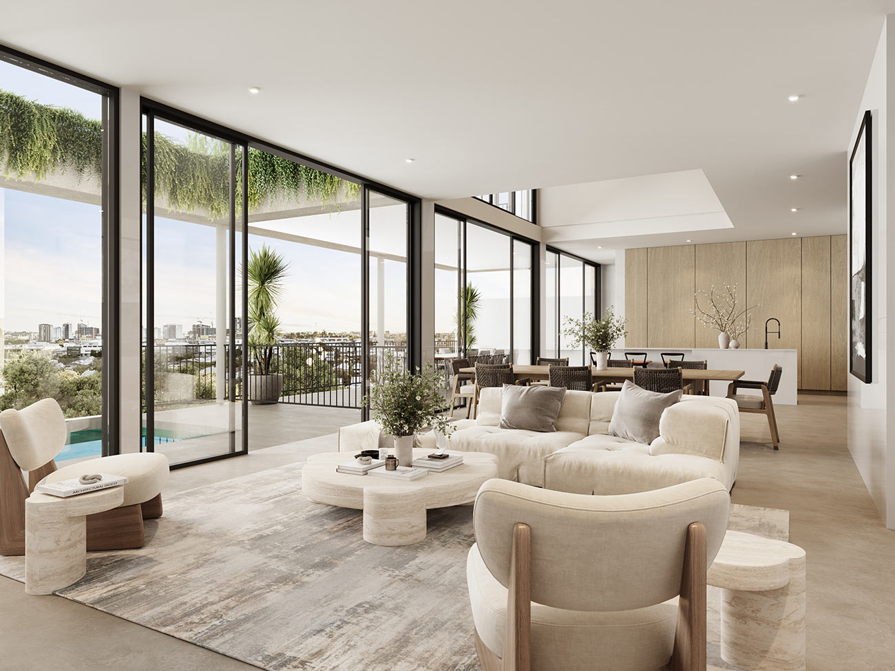 Bright living room with modern furniture and natural light-filled interior