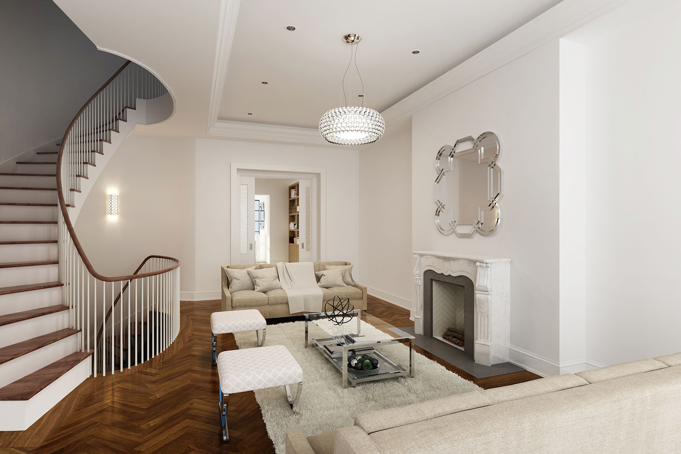 Classic luxury living room with curved staircase, fireplace and elegant interior detailing