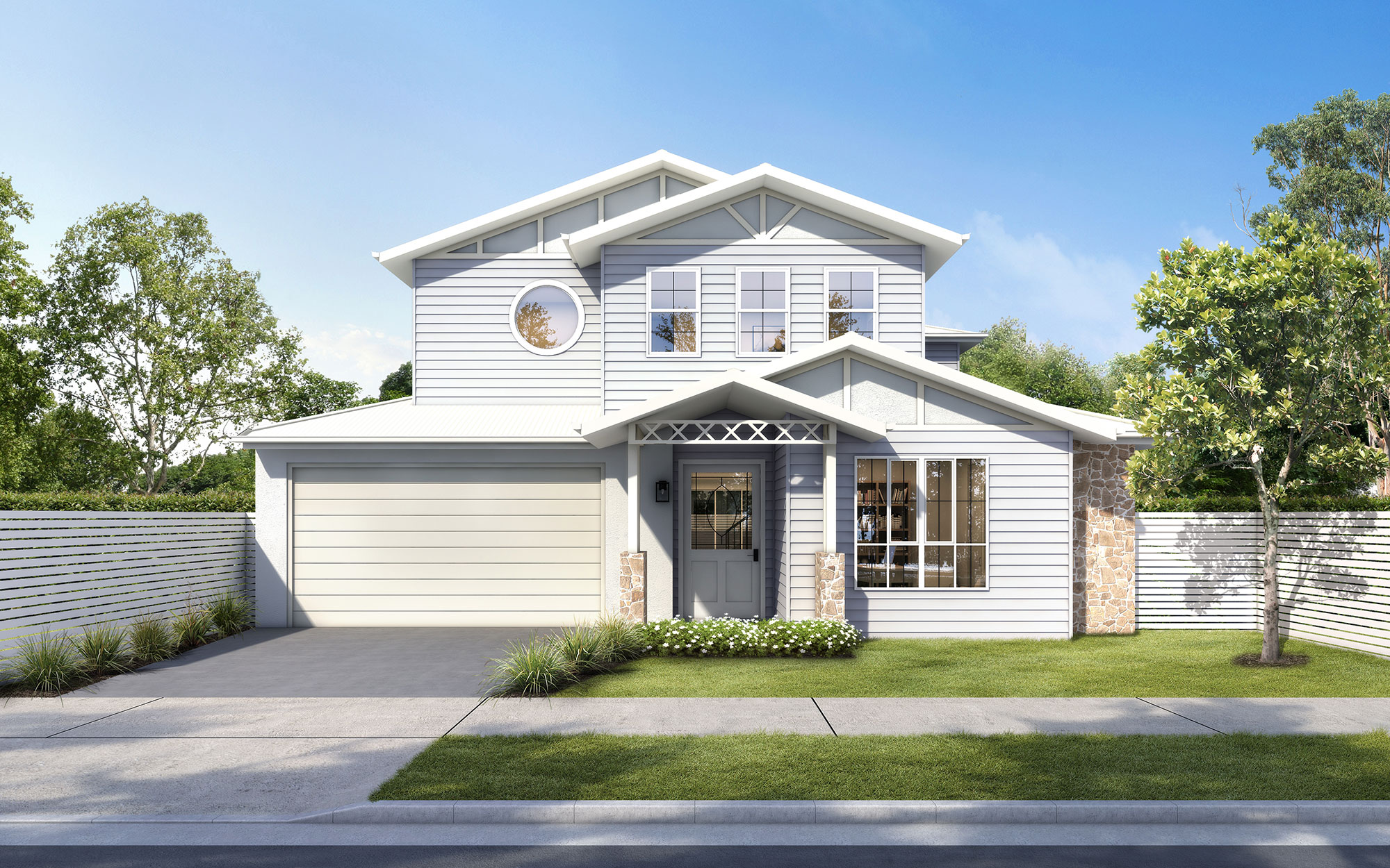 Coastal style family home with gable roof, light cladding and clean modern facade