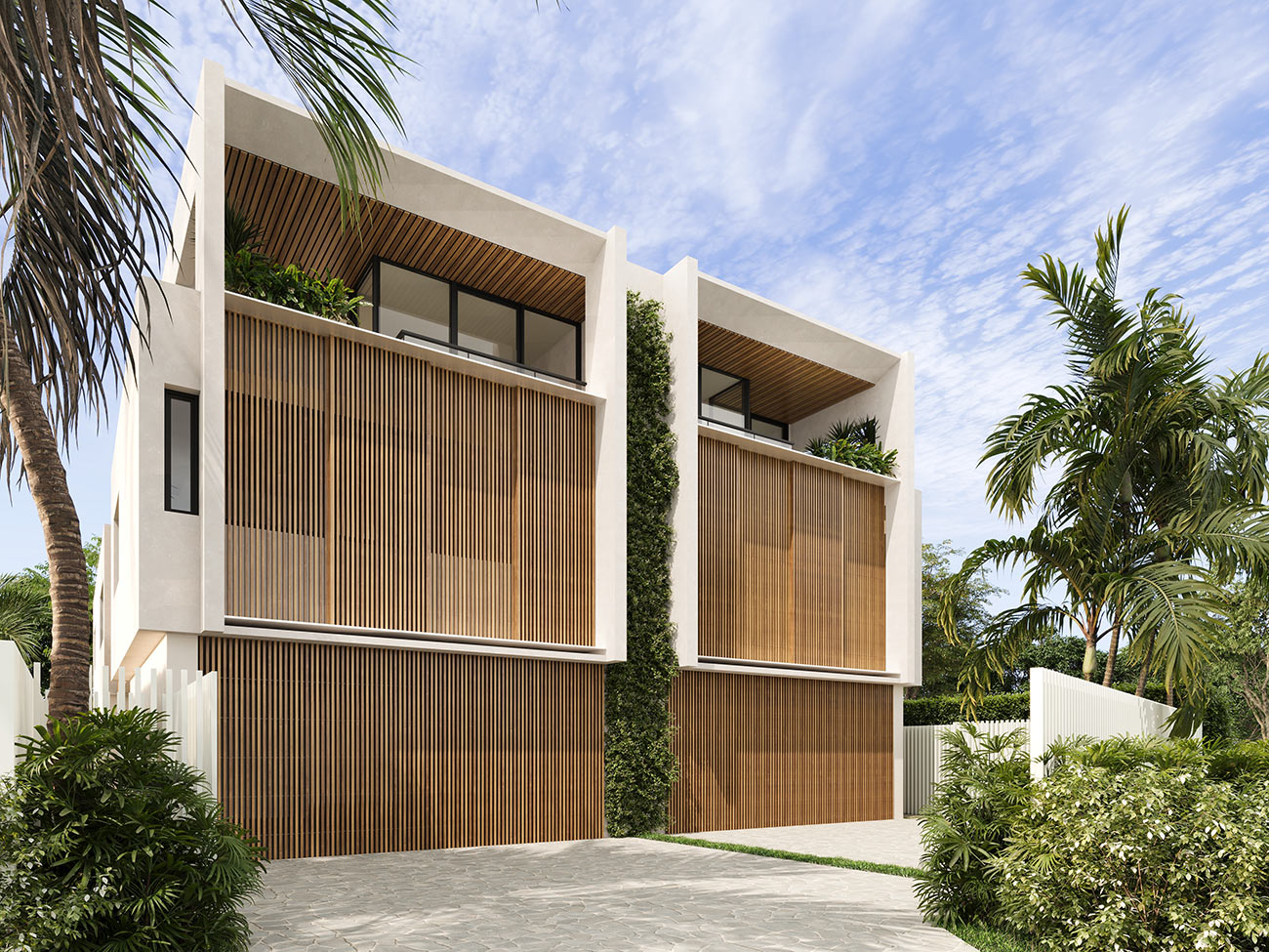 Modern coastal home with pitched roof and dual living design 3D render