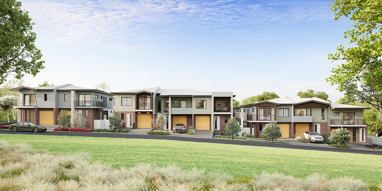 3D render of coastal style townhouses in a modern housing development