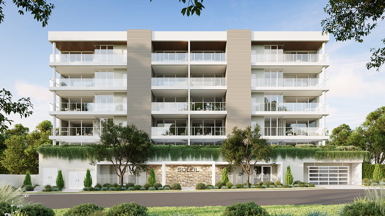 Modern coastal townhouse with slatted facade and balcony 3D render