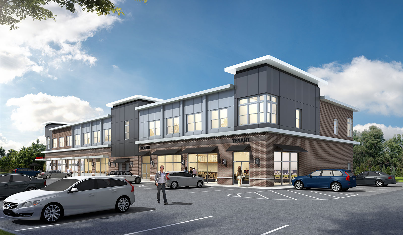 3D render of a retail strip mall with storefronts and parking lot