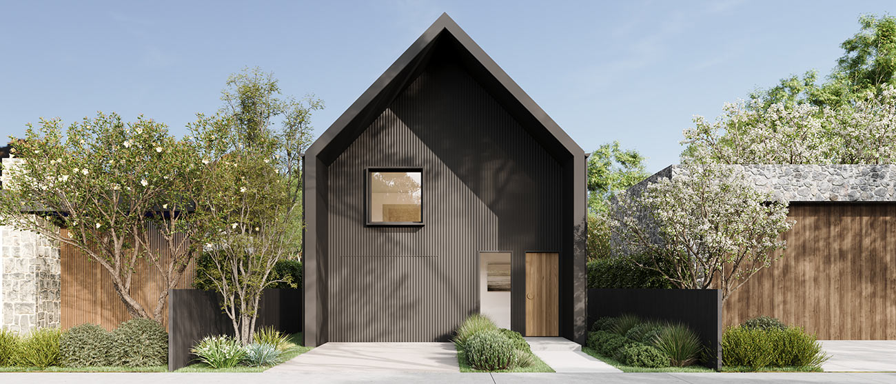 Contemporary architectural home with curved walls, black garage door and lush landscaping