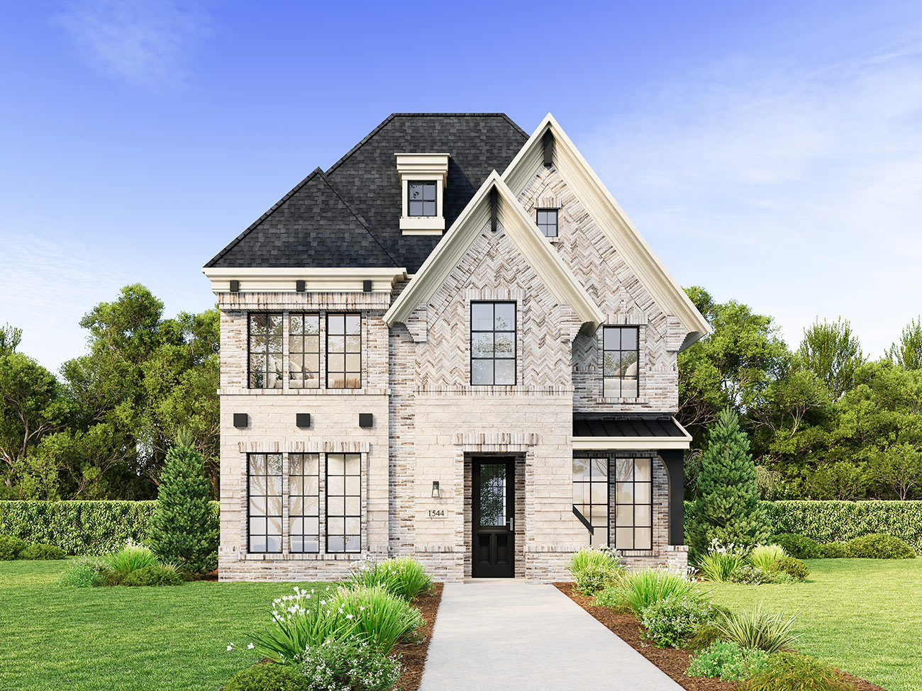 Contemporary brick home with textured facade and modern recessed entry