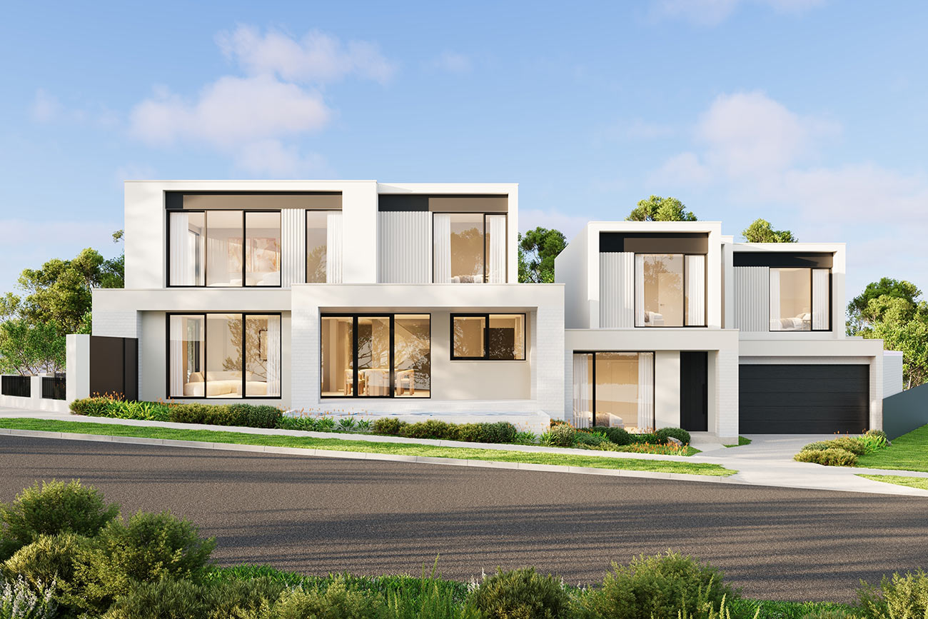 3D render of contemporary dual homes with clean facade and garages