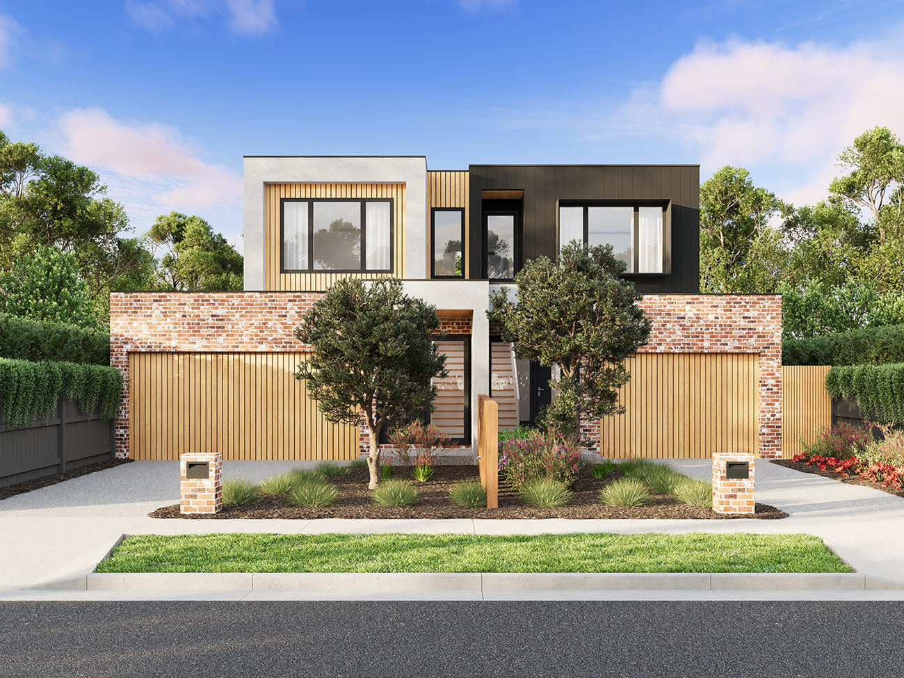 Contemporary duplex with brick and black facade modern residential 3D render