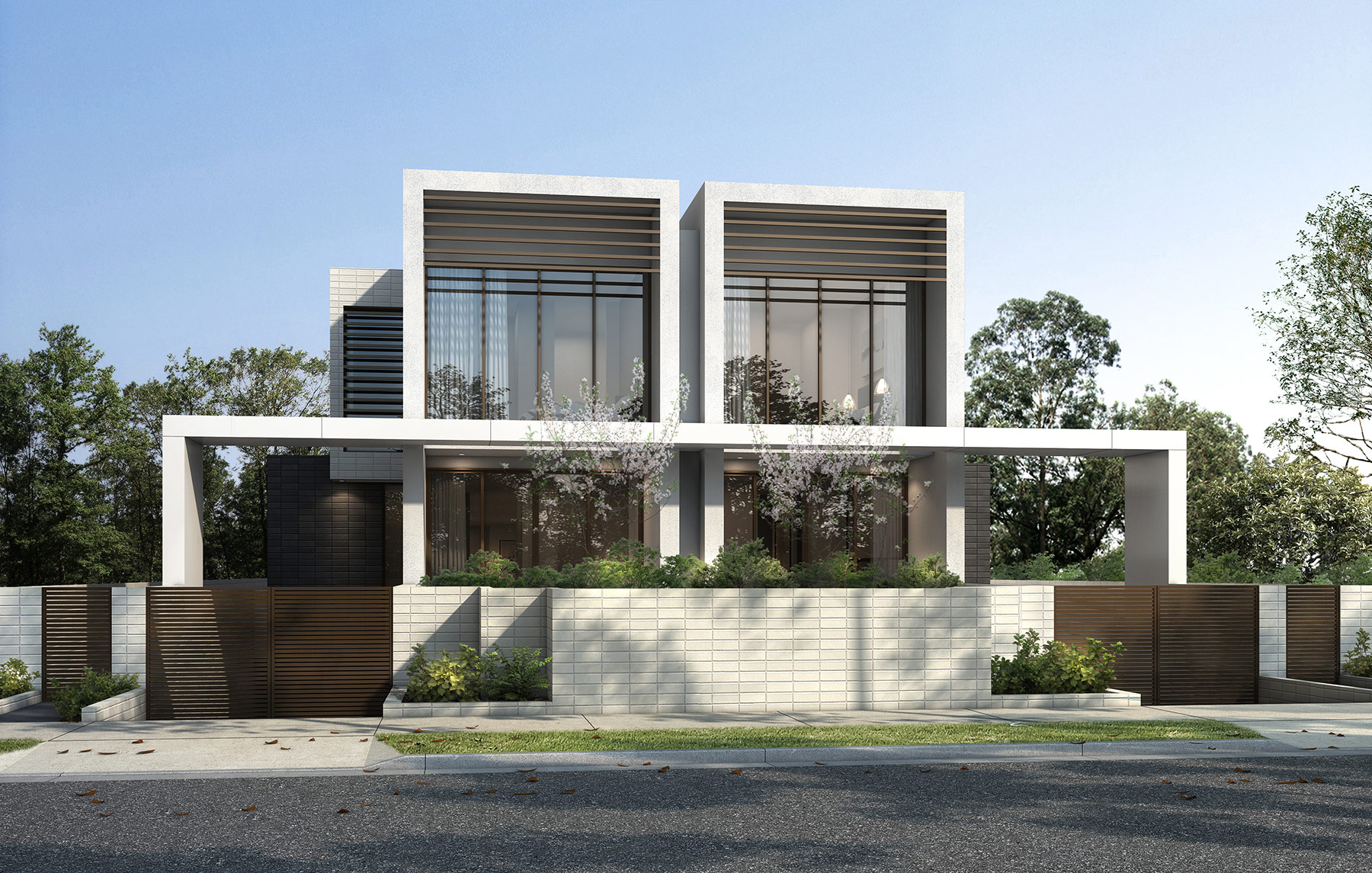 3D render of a contemporary duplex with minimalist architecture