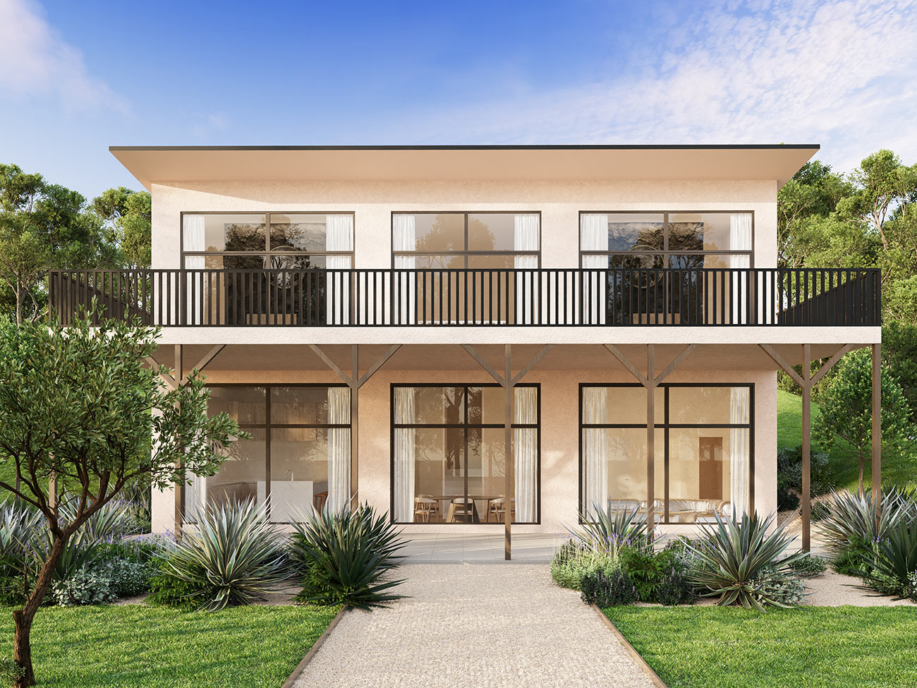Contemporary elevated home with full-width balcony, large glazing and landscaped outdoor area