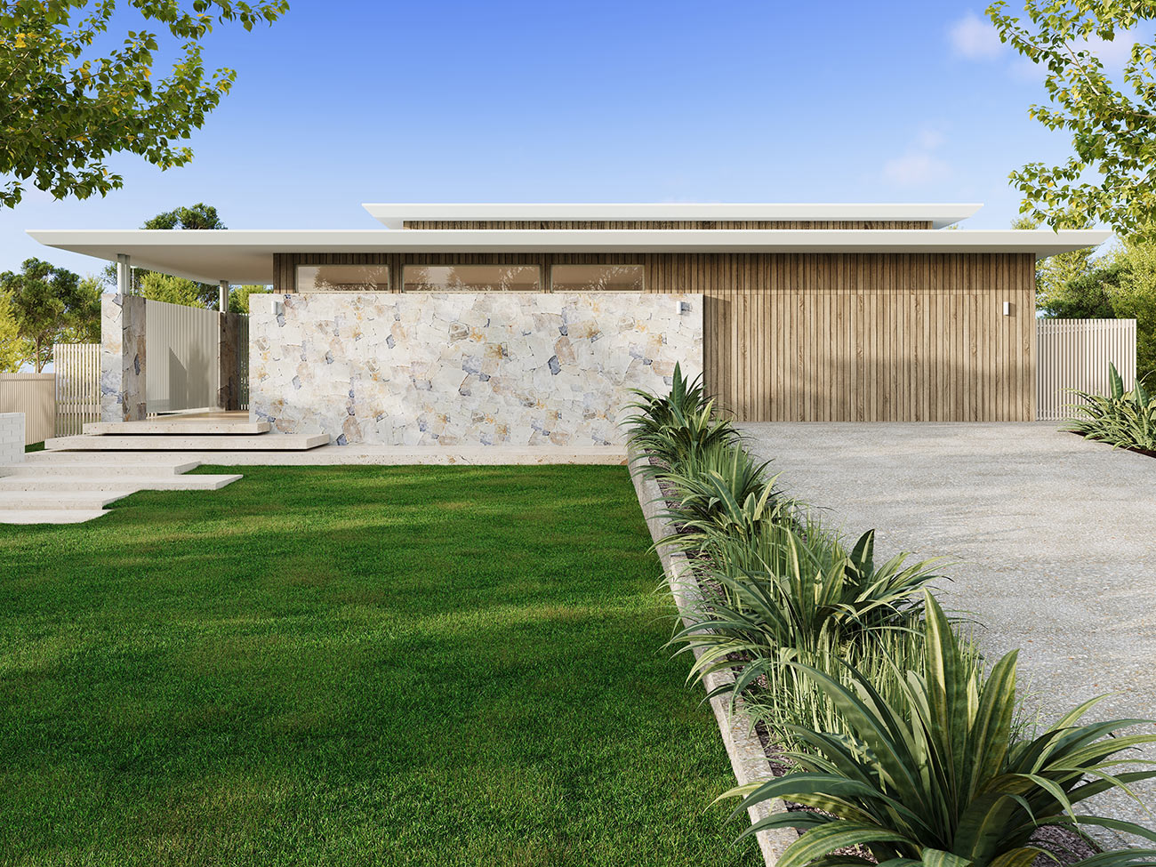 Contemporary home facade with timber screen entry and stone feature columns