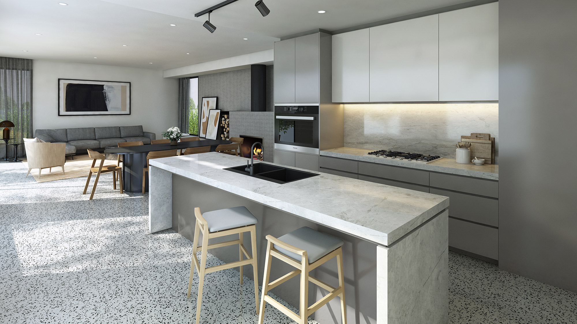 Contemporary living and dining space with fireplace, open layout and modern furnishings
