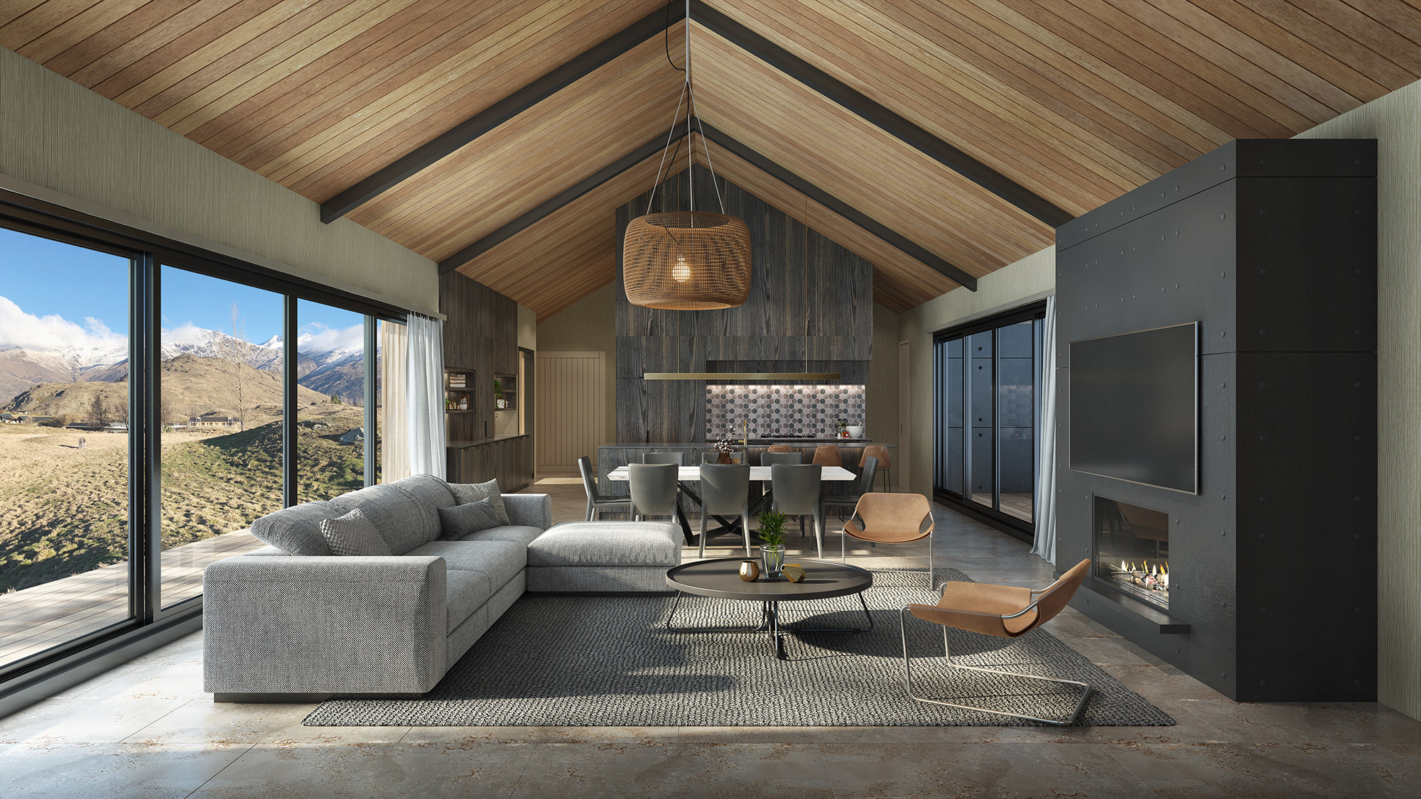Contemporary living room and kitchen with soft neutral palette, modern furniture and open plan layout