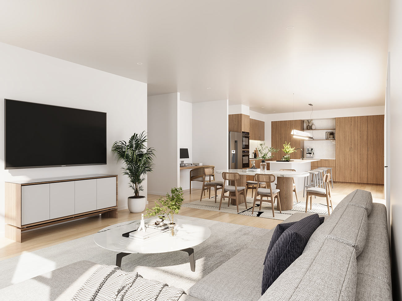 Contemporary open plan kitchen and living with warm timber cabinetry and natural light