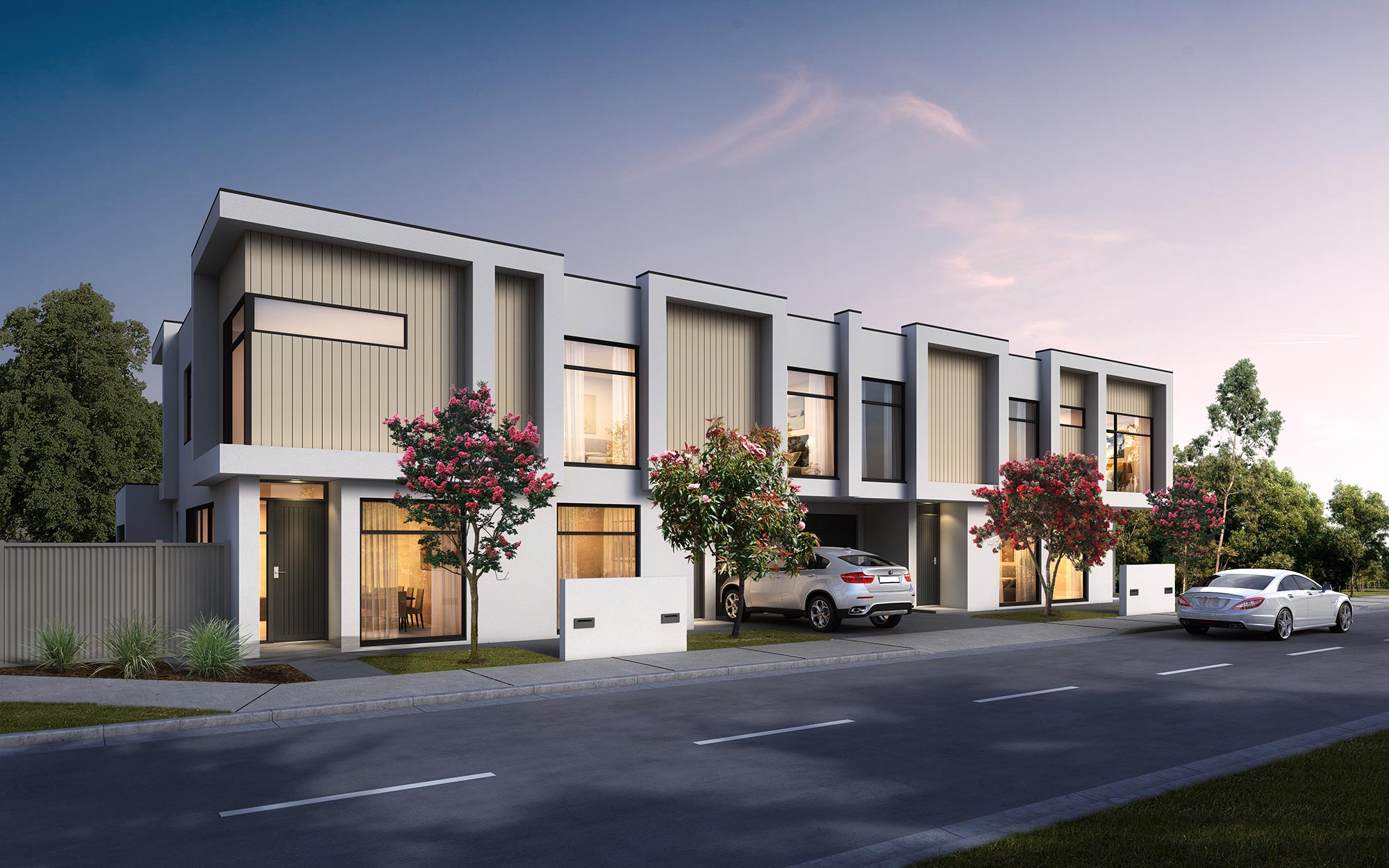 Contemporary townhouse streetscape with clean facade lines and urban residential design