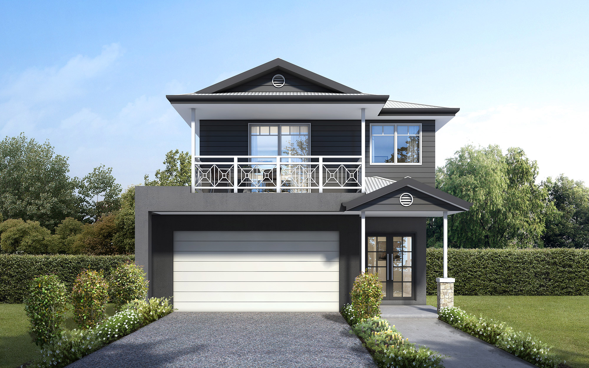 Contemporary two story home with balcony, gray facade and modern landscaping