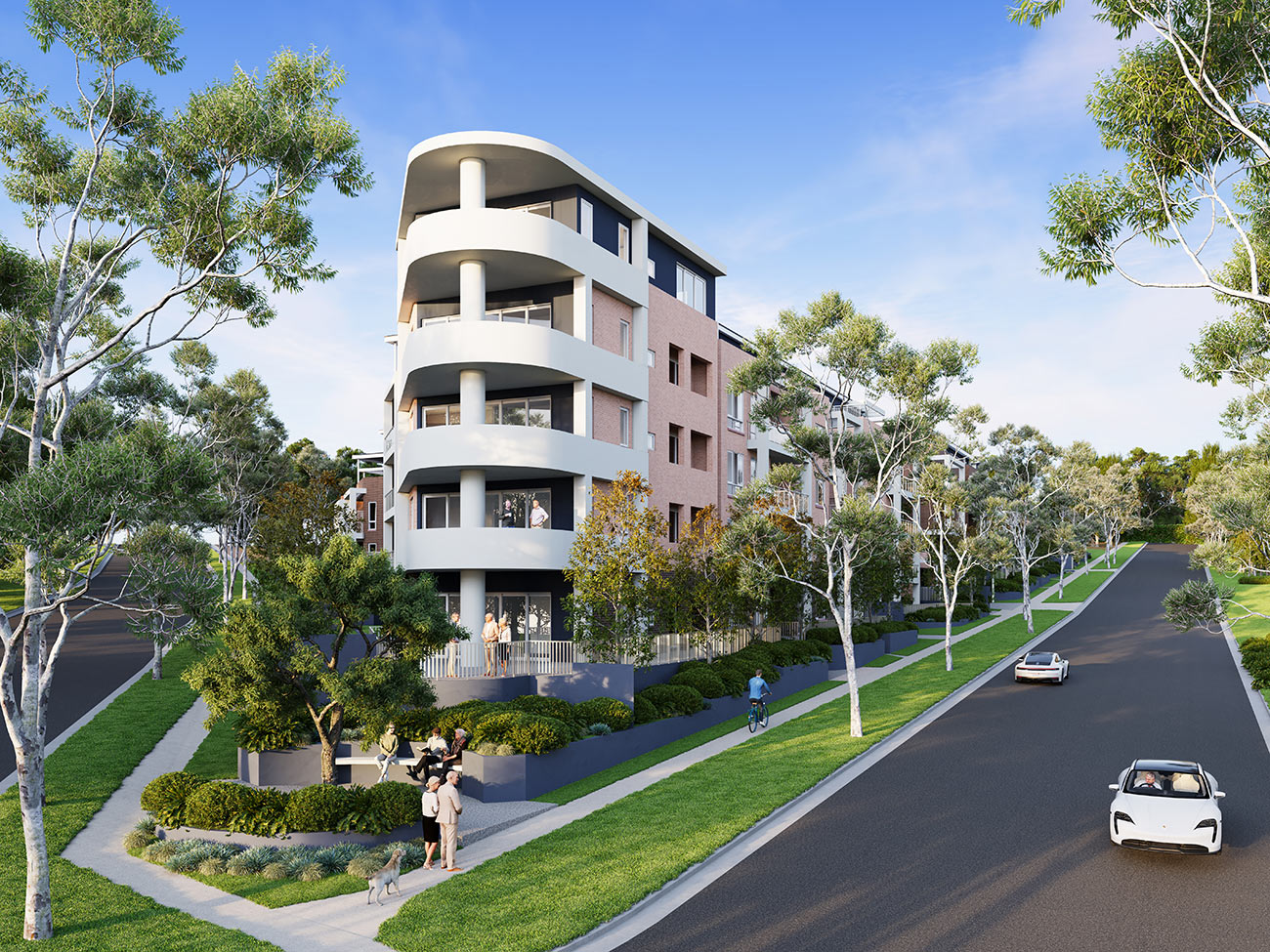 Corner apartment building with curved balconies and landscaped surroundings 3D render