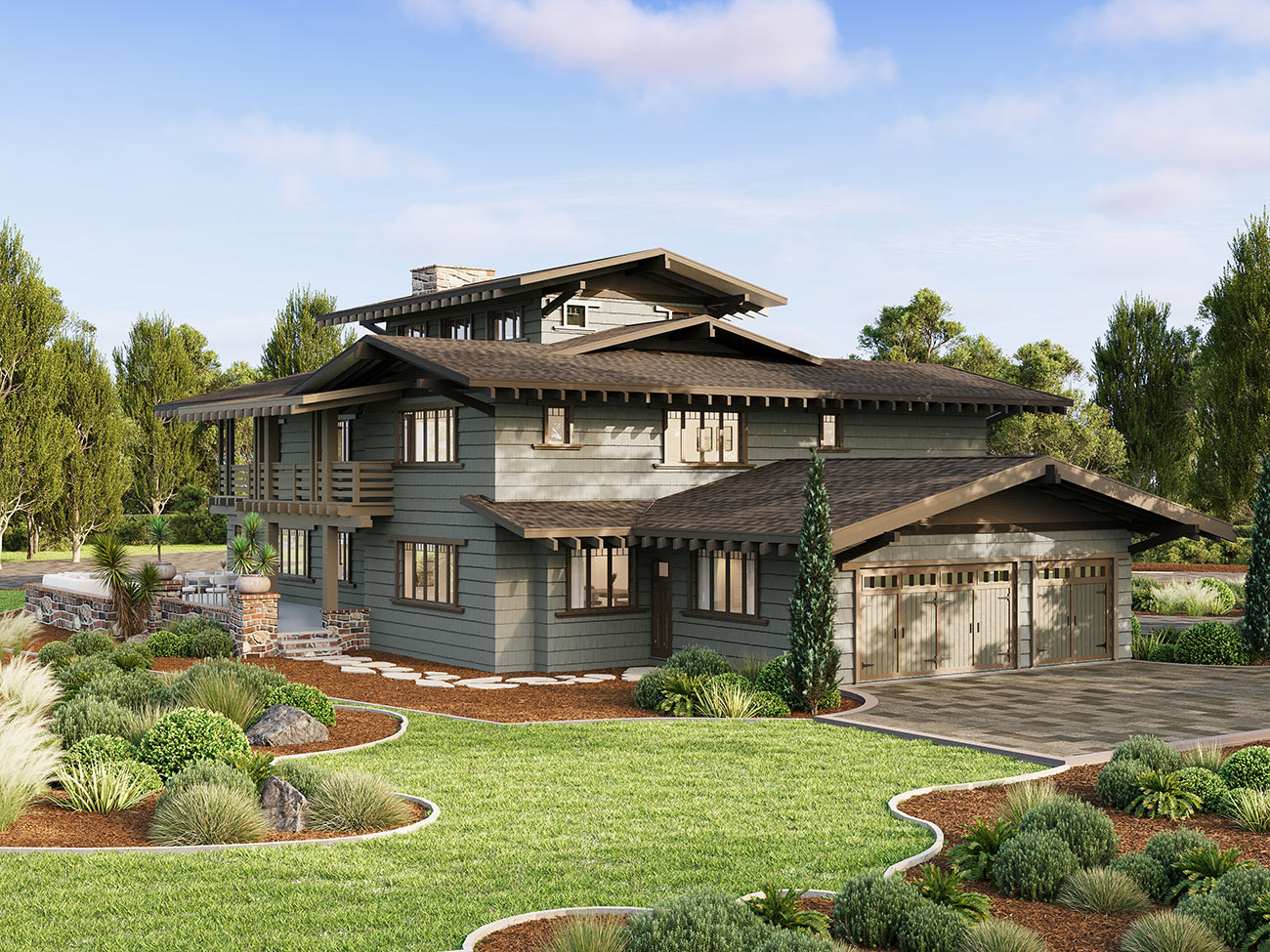 Rear view of craftsman home showing garage, driveway and landscaped outdoor space