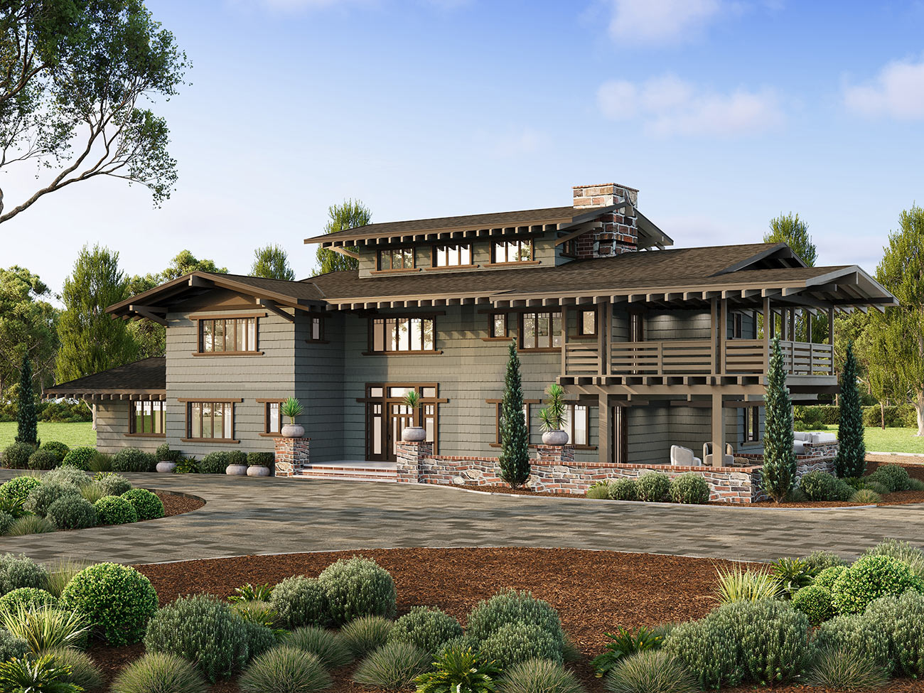 Craftsman style home with timber detailing, stone base, wide verandah and landscaped garden