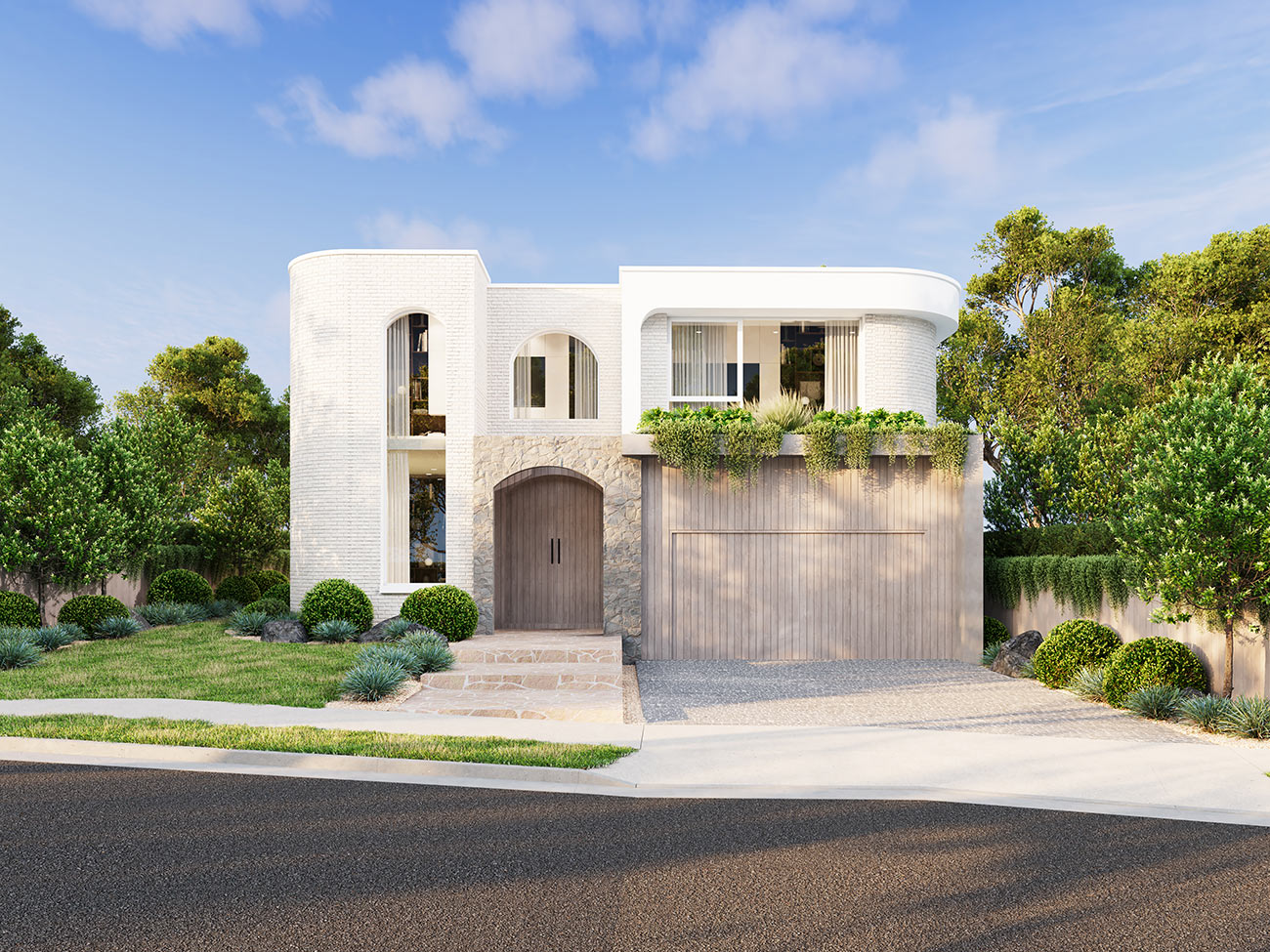 Curved modern home facade with white brick, arched windows and soft landscaping