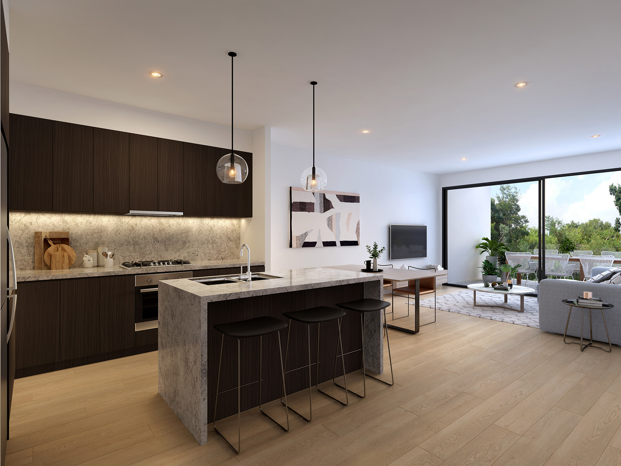 Dark modern kitchen and living space with stone island bench, timber cabinetry and open plan layout