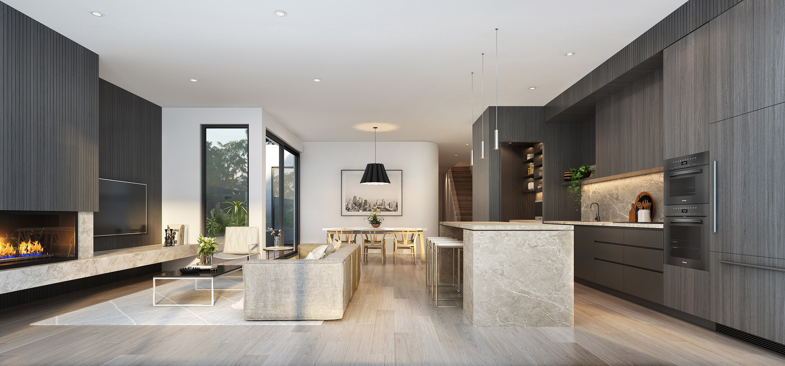 Dark modern open plan living and kitchen with stone island, timber cabinetry and ambient lighting