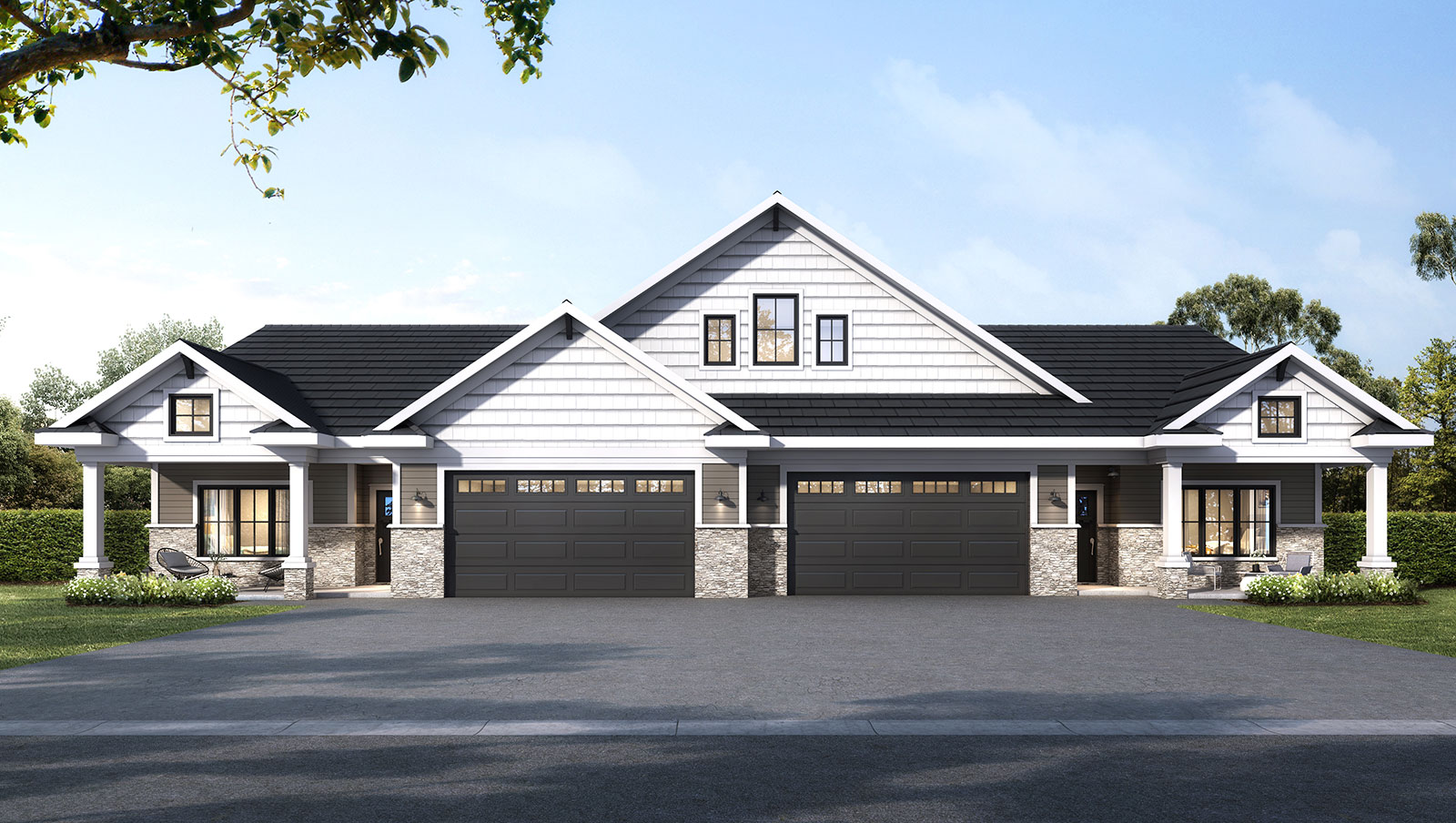 Duplex townhouse development with symmetrical modern facade and dual garage layout