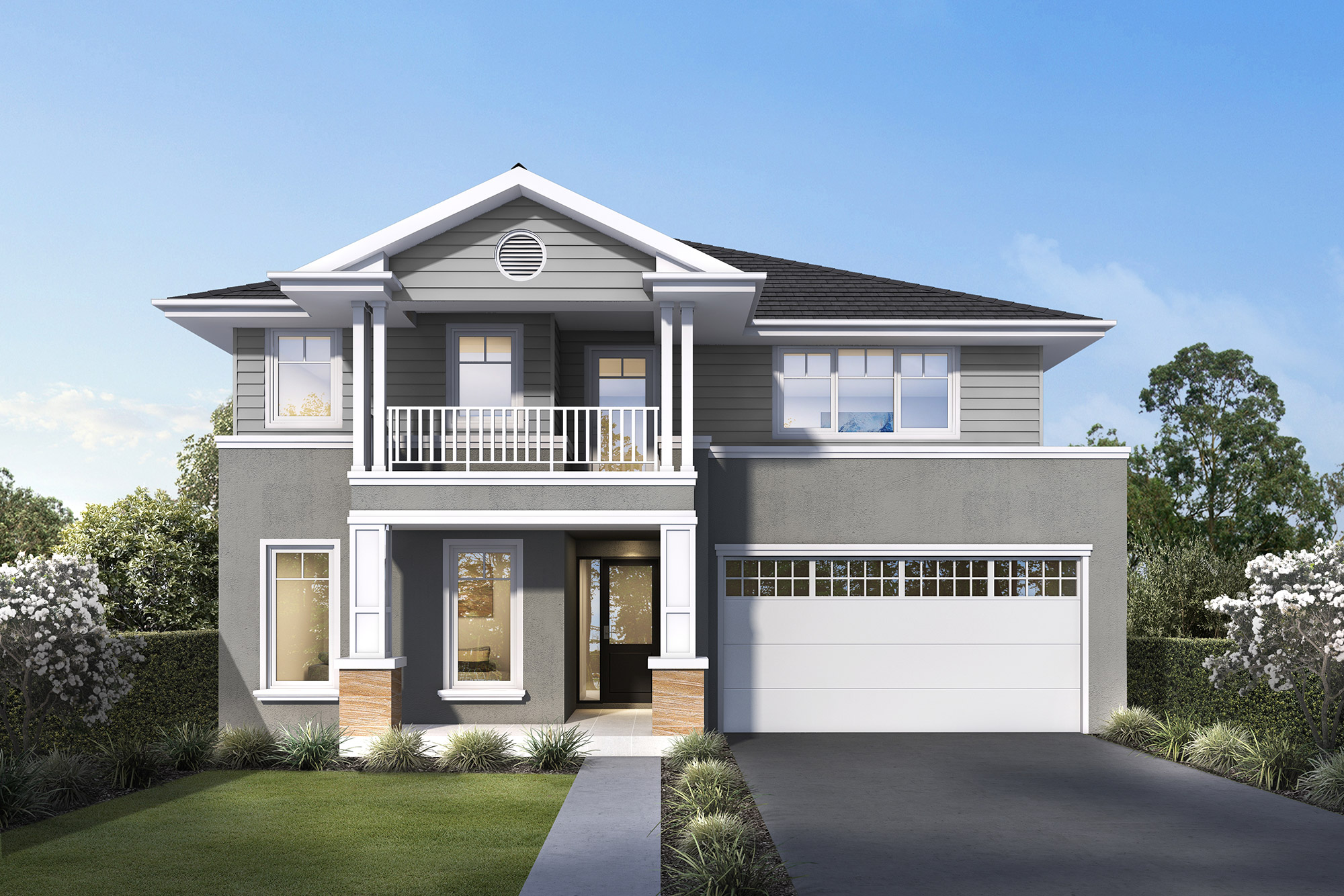 Hamptons style double story home with balcony, garage and light neutral facade