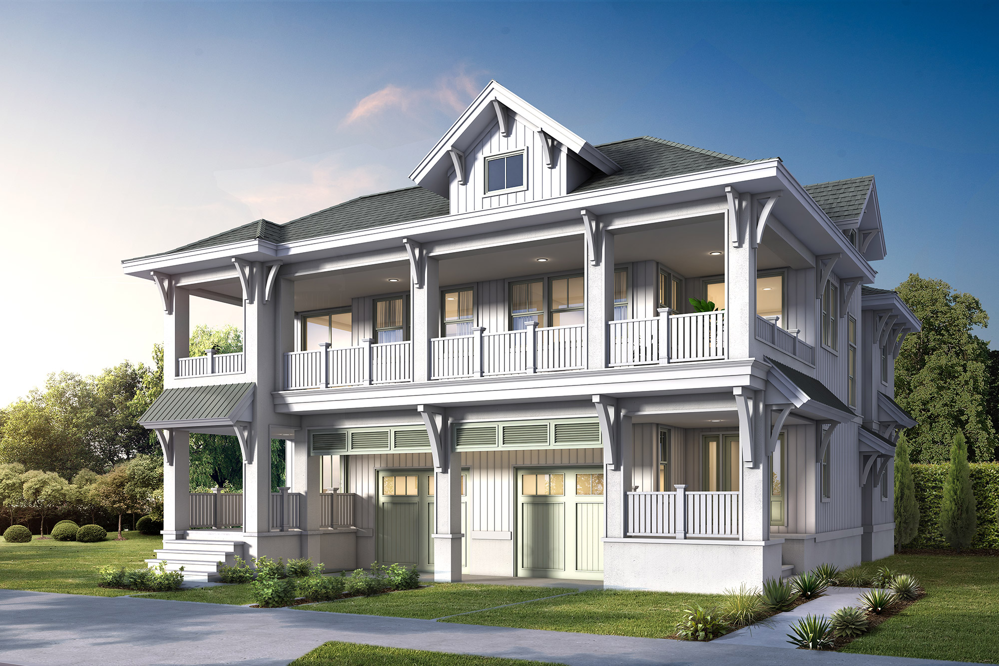 3D render of a Hamptons style two story home with wraparound porch