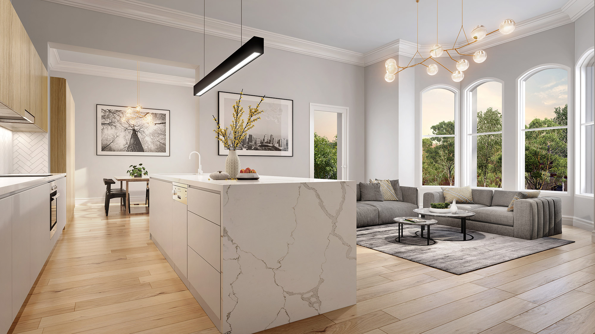 Heritage apartment living room with modern classic interior design and natural light