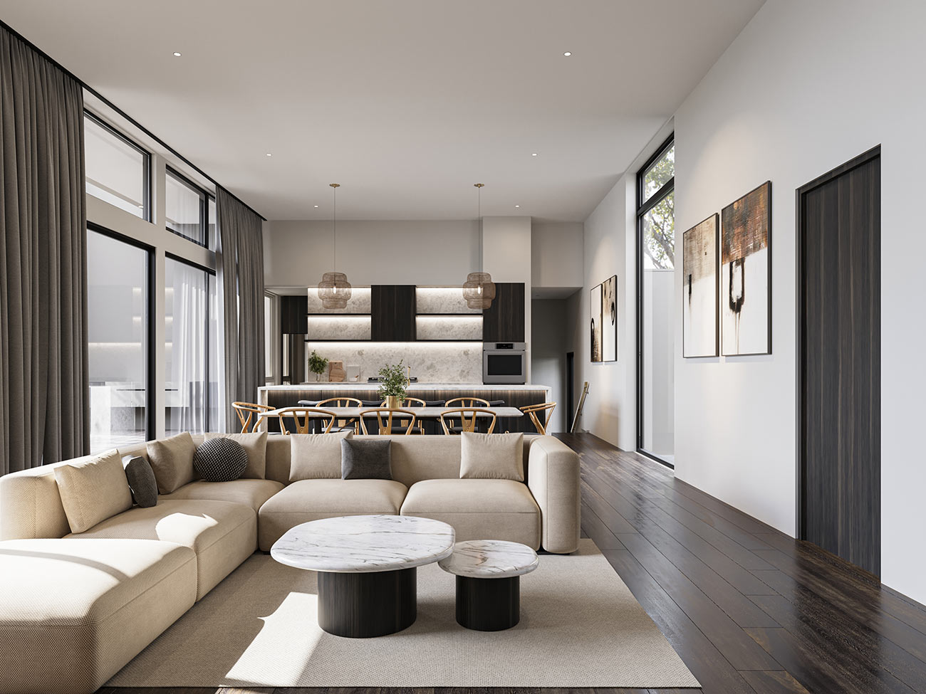 High ceiling living room with modern kitchen, dark cabinetry and feature lighting