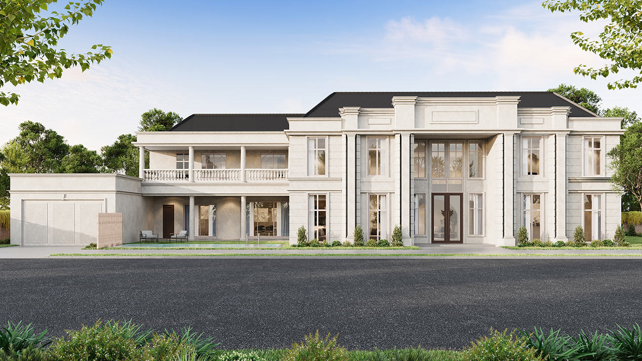 Luxury classical mansion facade with grand columns and symmetrical architectural design