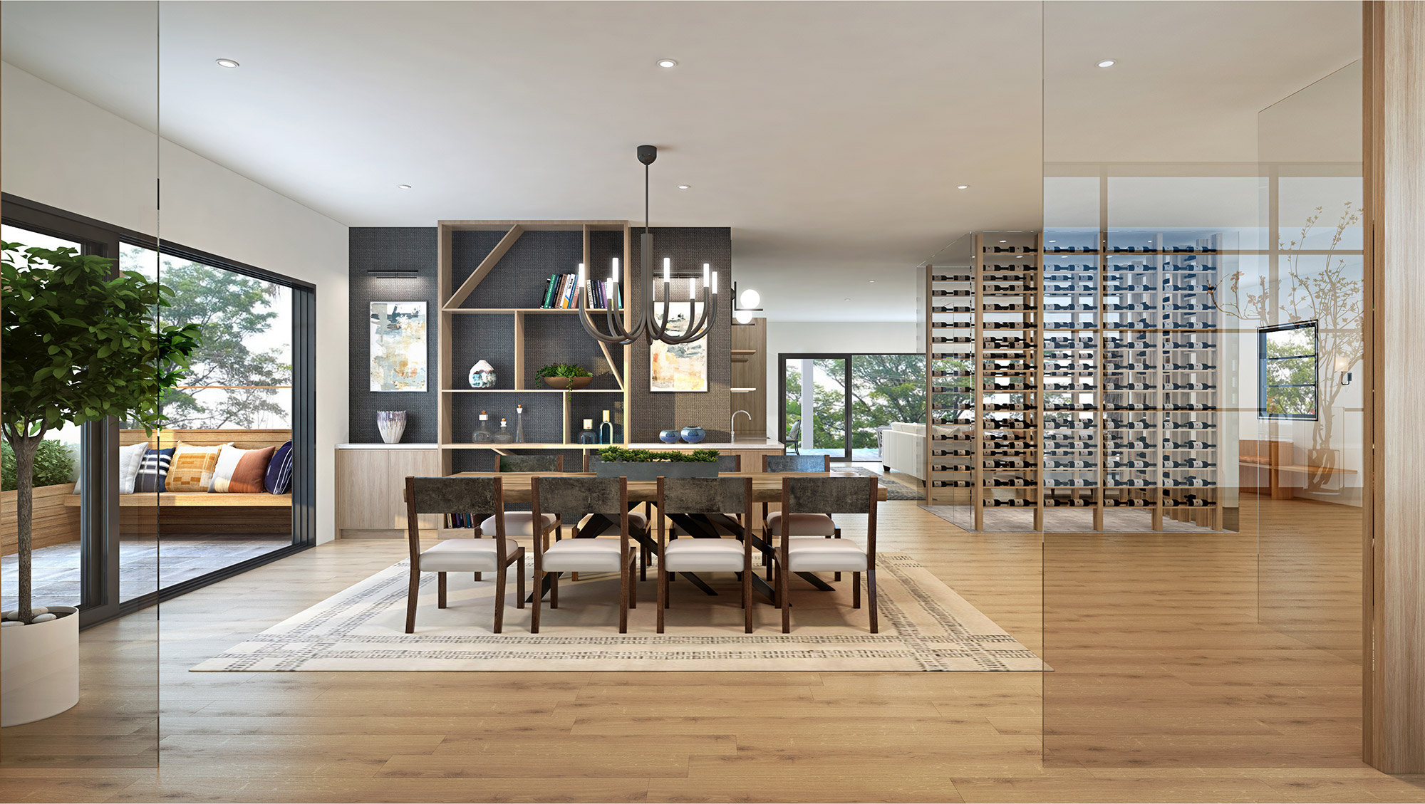 Luxury open plan dining and living interior with custom wine cellar feature, timber flooring and designer lighting
