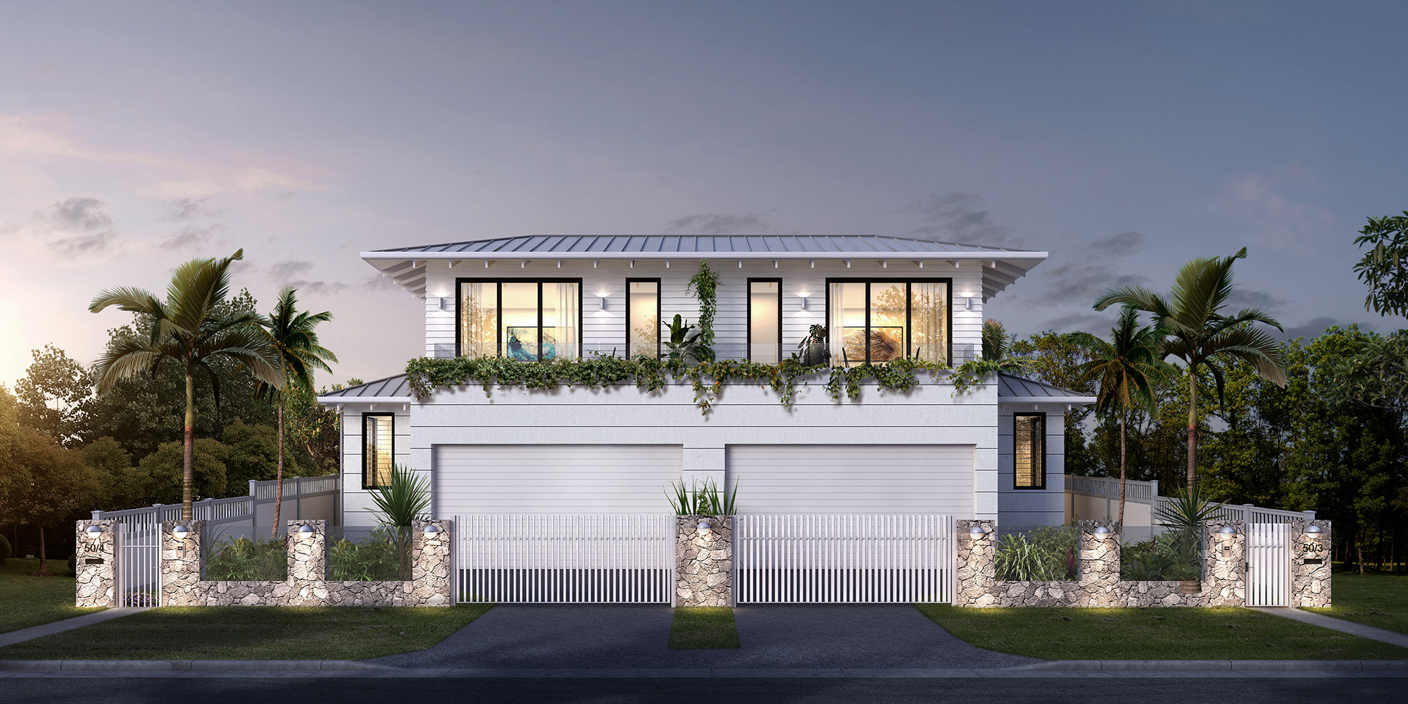3D render of a luxury duplex home with symmetrical design and landscaped frontage