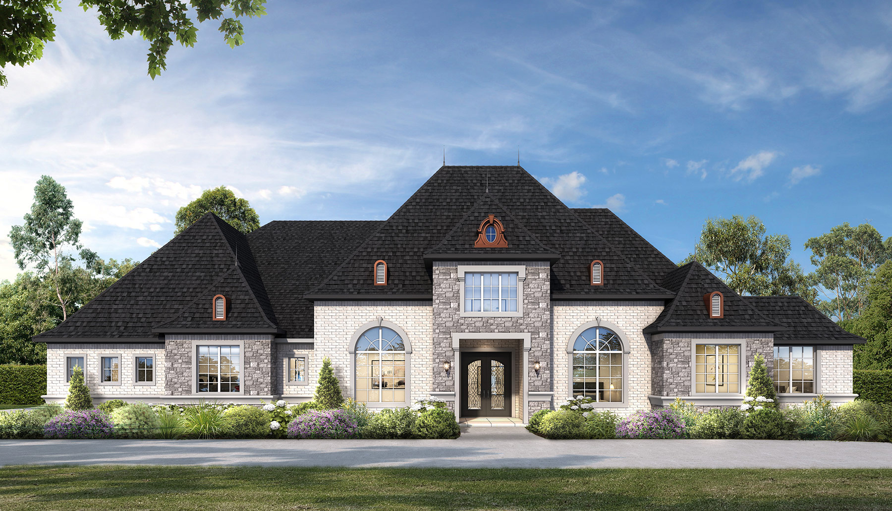 Luxury European estate home with stone and brick facade, symmetrical design and landscaped grounds