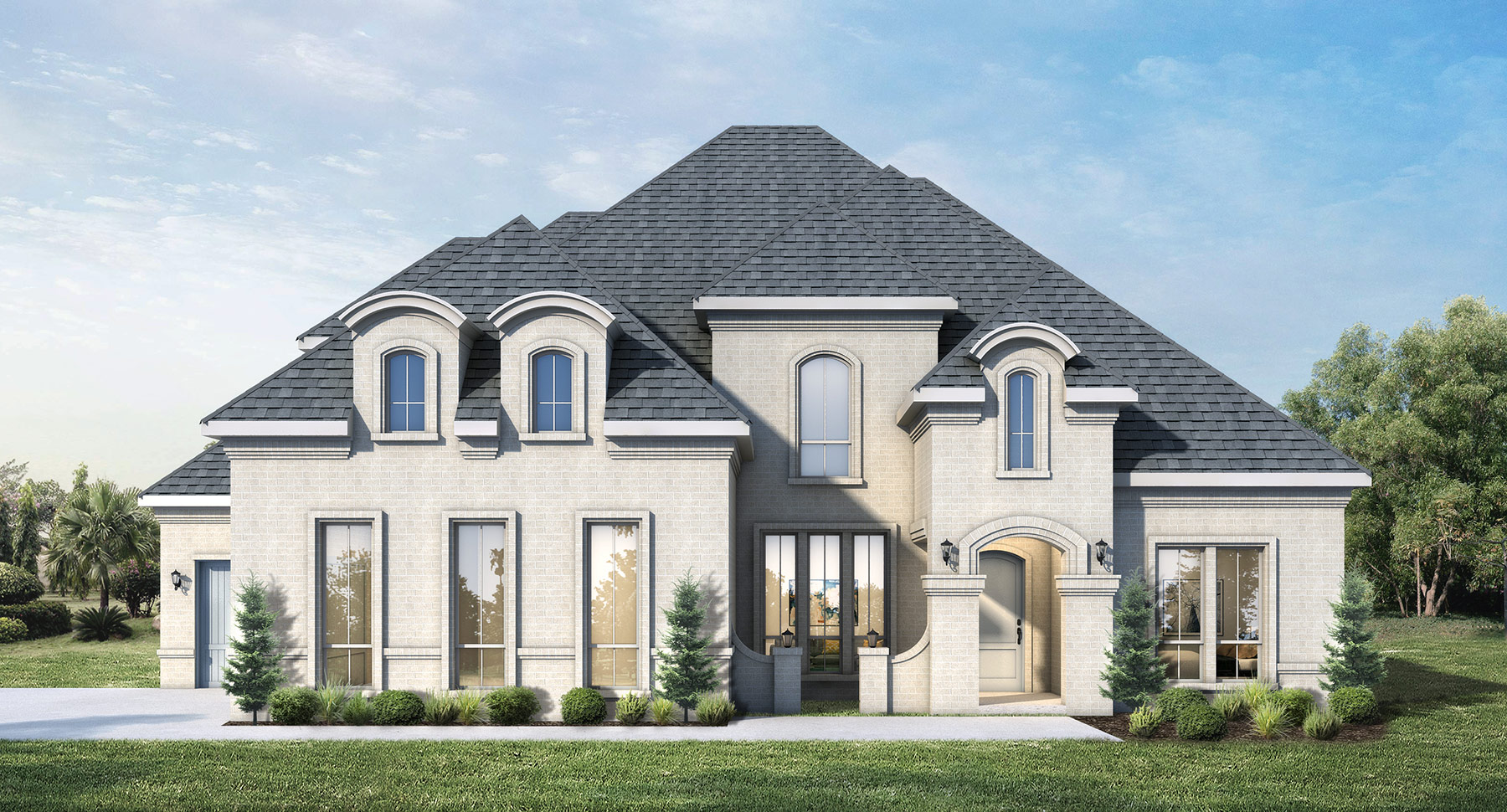Luxury French Provincial Home 3d Render Arched Windows Stone Facade