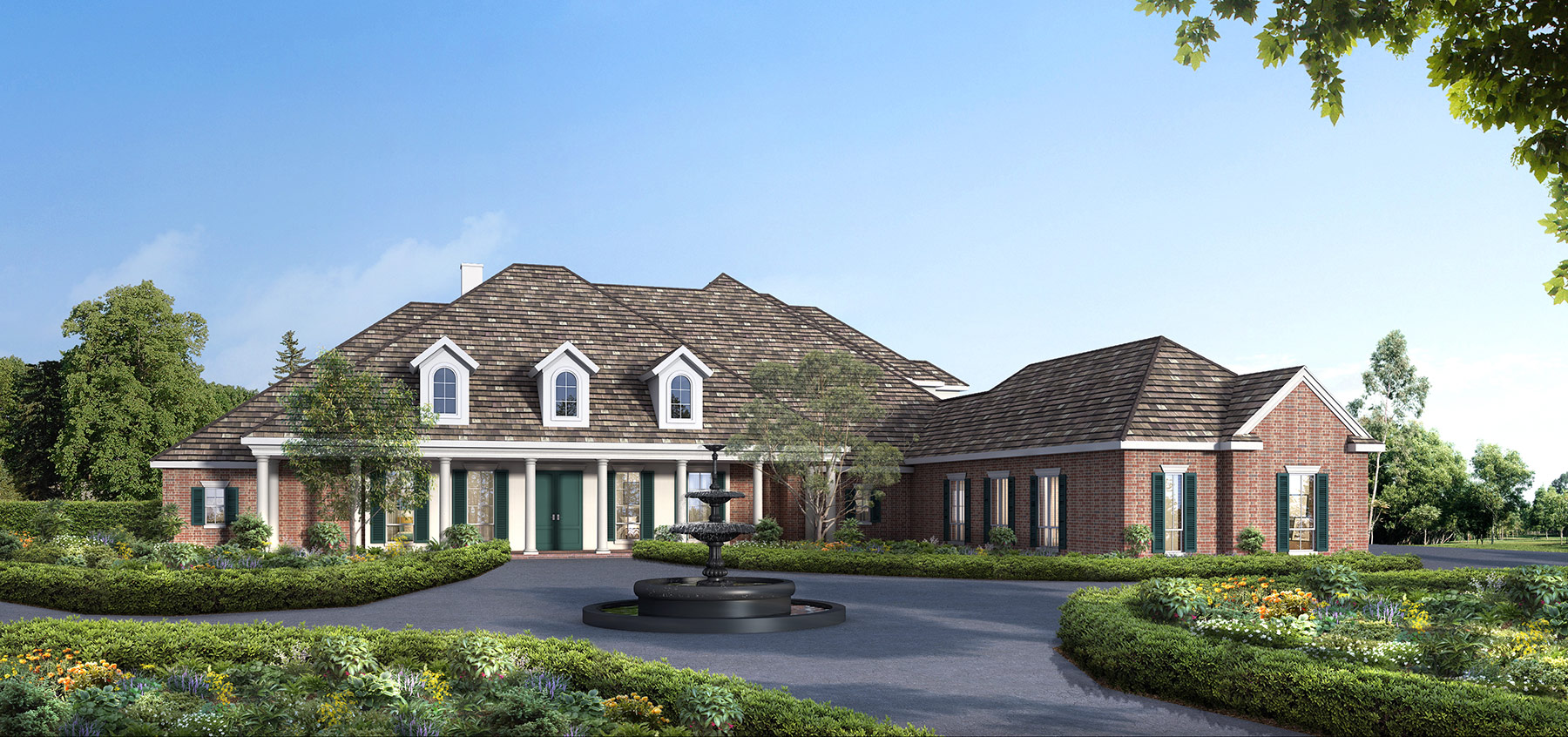 Luxury French provincial home with hip roof, stone and brick facade and grand proportions