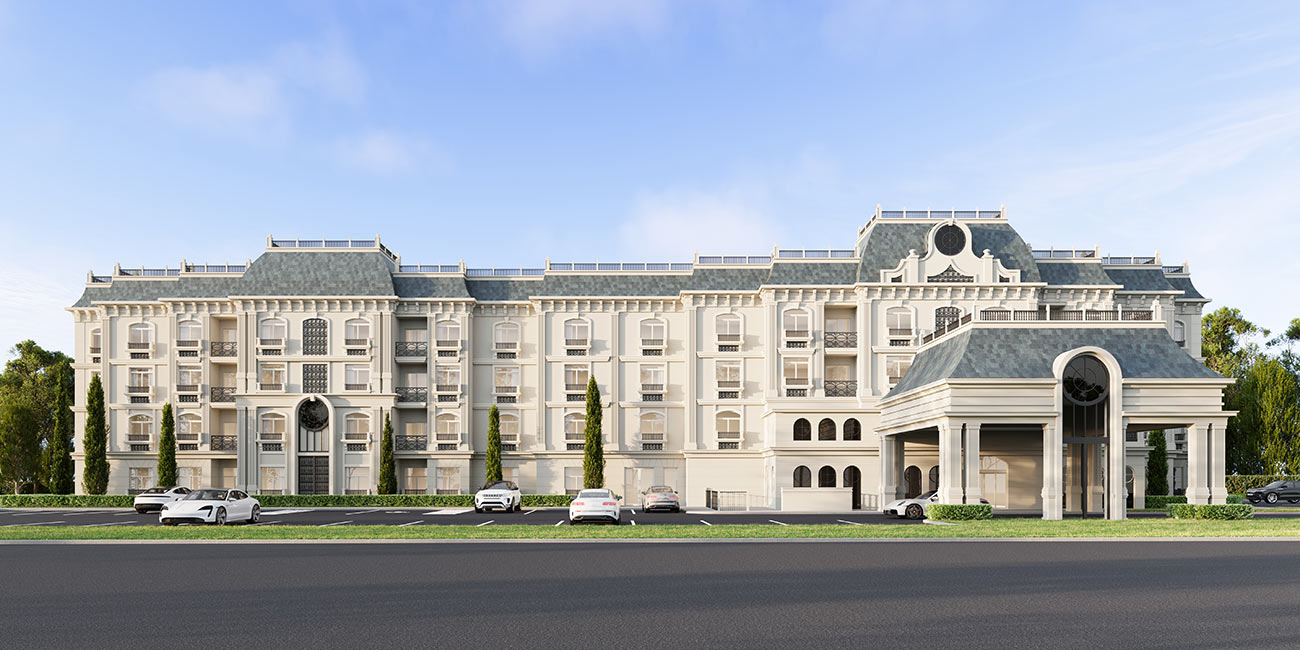Luxury hotel with classical architecture, grand entrance and symmetrical facade design