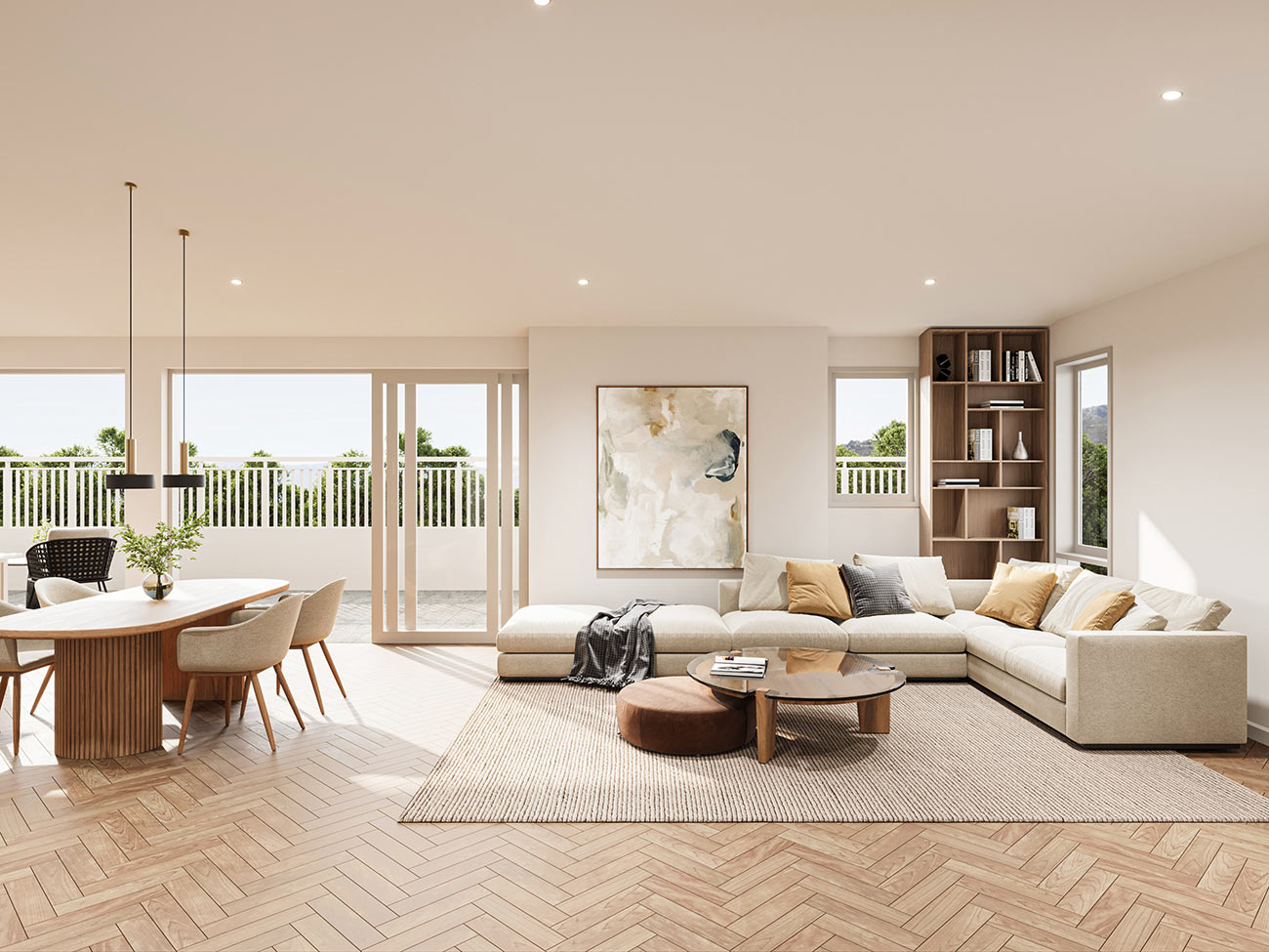 Luxury living and dining open plan space with natural light and contemporary furniture