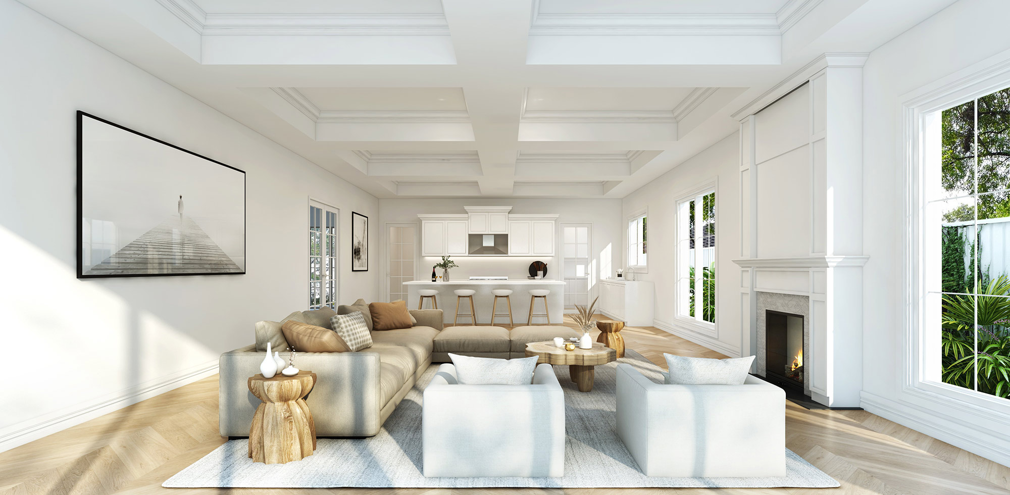 Luxury living room with fireplace, open plan design and high-end interior finishes