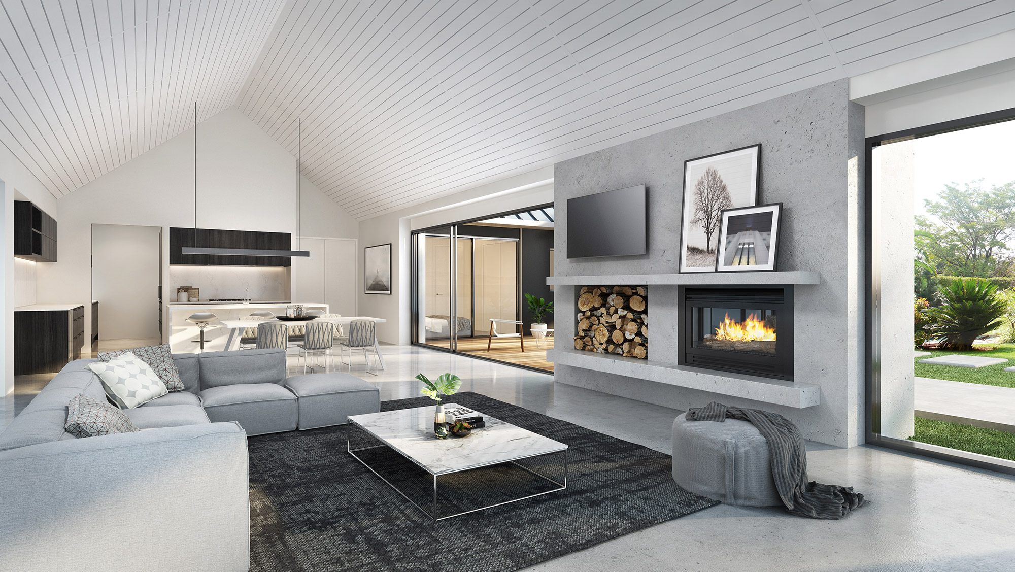 Luxury living room with built-in fireplace, open plan layout and modern interior finishes