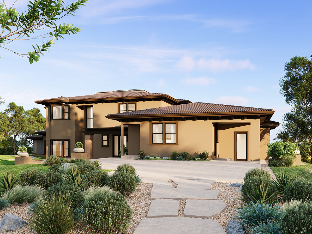 Luxury Mediterranean style home rear view with stucco facade, tiled roof and landscaped yard