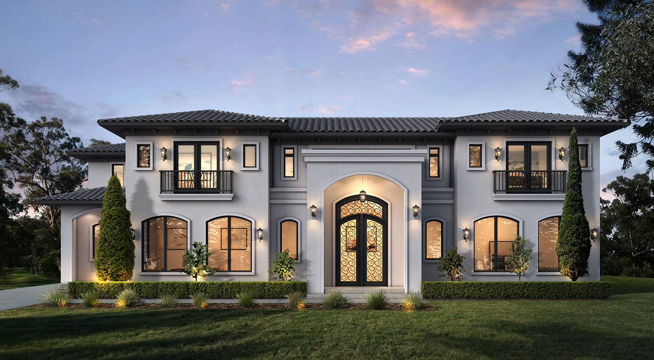 Luxury Mediterranean villa with arched windows, grand entrance and symmetrical facade