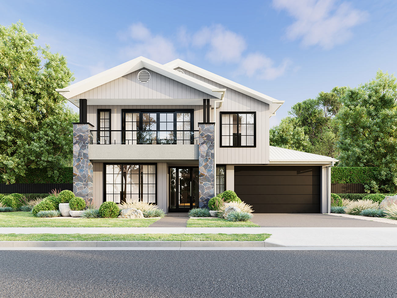 Luxury modern home with mixed materials including stone and timber facade elements