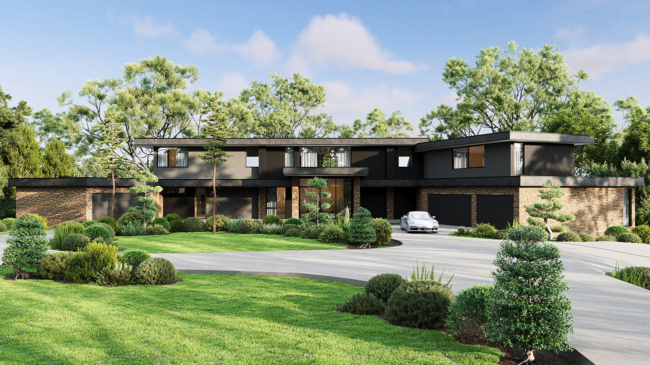 Luxury modern home with expansive driveway, dark materials and landscaped frontage
